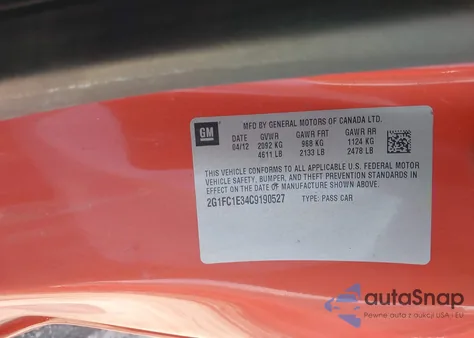 2012 Chevrolet Camaro Lt from USA, damaged, VIN 2G1FC1E34C9190527